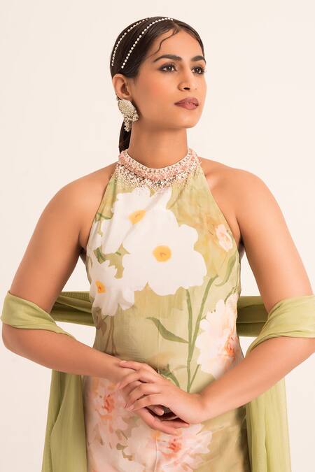 Buy_Ruhr India_Green Organza, Crepe Pearls, Fringe, Floral Pattern Straight Kurta Palazzo Set _Online_at_Aza_Fashions