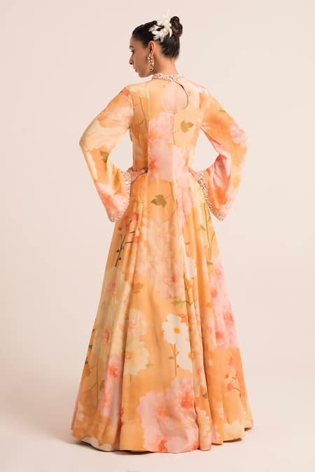 Shop Ruhr India Peach Organza, Crepe Pearls, Floral Pattern Embellished Anarkali With Dupatta at Aza Fashions Shop_Ruhr India_Peach Organza, Crepe Pearls, Floral Pattern Embellished Anarkali With Dupatta _at_Aza_Fashions