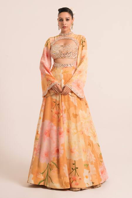 Ruhr India Peach Organza, Crepe Pearls, Floral Pattern Embellished Anarkali With Dupatta Online at Aza Fashions Ruhr India_Peach Organza, Crepe Pearls, Floral Pattern Embellished Anarkali With Dupatta _Online_at_Aza_Fashions