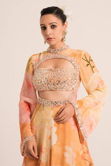 Shop Ruhr India Peach Organza, Crepe Pearls, Floral Pattern Embellished Anarkali With Dupatta Online at Aza Fashions Shop_Ruhr India_Peach Organza, Crepe Pearls, Floral Pattern Embellished Anarkali With Dupatta _Online_at_Aza_Fashions