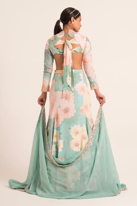 Shop Ruhr India Blue Organza, Crepe Pearls, Sequins, Floral Pattern Slit Lehenga Blouse Set at Aza Fashions Shop_Ruhr India_Blue Organza, Crepe Pearls, Sequins, Floral Pattern Slit Lehenga Blouse Set _at_Aza_Fashions