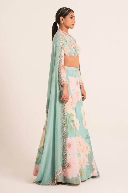 Ruhr India Blue Organza, Crepe Pearls, Sequins, Floral Pattern Slit Lehenga Blouse Set Online at Aza Fashions Ruhr India_Blue Organza, Crepe Pearls, Sequins, Floral Pattern Slit Lehenga Blouse Set _Online_at_Aza_Fashions