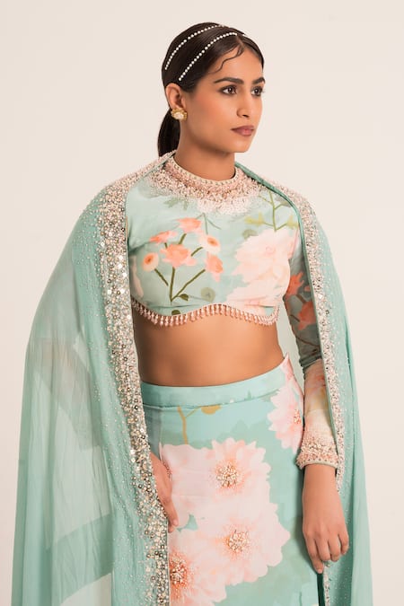 Buy Ruhr India Blue Organza, Crepe Pearls, Sequins, Floral Pattern Slit Lehenga Blouse Set Online at Aza Fashions Buy_Ruhr India_Blue Organza, Crepe Pearls, Sequins, Floral Pattern Slit Lehenga Blouse Set _Online_at_Aza_Fashions