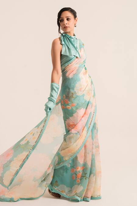 Ruhr India_Blue Organza, Satin, Chiffon Sequins, Pearls Floral Print Saree With Blouse _Online_at_Aza_Fashions