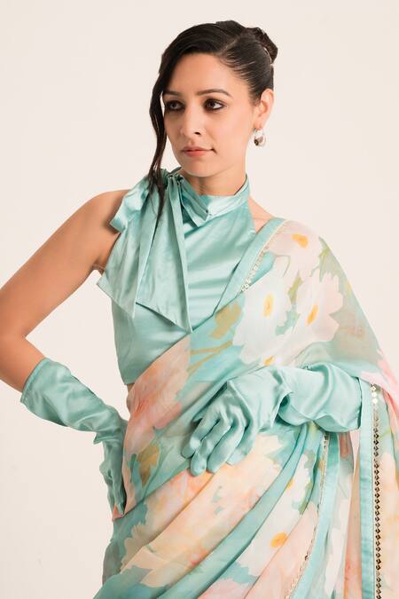 Buy_Ruhr India_Blue Organza, Satin, Chiffon Sequins, Pearls Floral Print Saree With Blouse _Online_at_Aza_Fashions