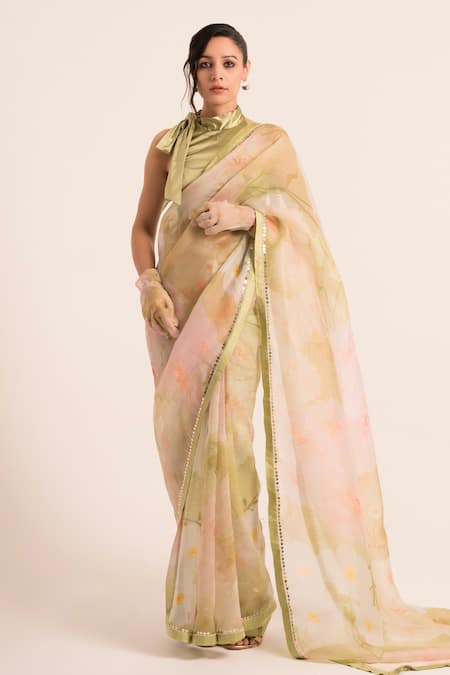 Ruhr India Green Stretch Satin Embellished Pearl Halter Floral Print Saree With Blouse 