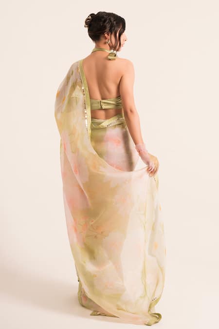 Shop Ruhr India Green Organza, Satin Pearls, Sequins Floral Print Embellished Saree With Blouse at Aza Fashions Shop_Ruhr India_Green Organza, Satin Pearls, Sequins Floral Print Embellished Saree With Blouse _at_Aza_Fashions