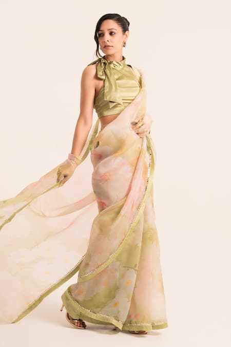 Ruhr India Green Organza, Satin Pearls, Sequins Floral Print Embellished Saree With Blouse Online at Aza Fashions Ruhr India_Green Organza, Satin Pearls, Sequins Floral Print Embellished Saree With Blouse _Online_at_Aza_Fashions