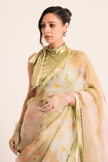 Buy Ruhr India Green Organza, Satin Pearls, Sequins Floral Print Embellished Saree With Blouse Online at Aza Fashions Buy_Ruhr India_Green Organza, Satin Pearls, Sequins Floral Print Embellished Saree With Blouse _Online_at_Aza_Fashions