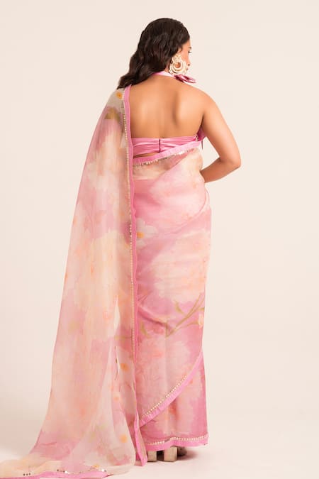 Shop Ruhr India Pink Organza, Satin Pearls, Sequins Floral Print Embellished Saree With Blouse at Aza Fashions Shop_Ruhr India_Pink Organza, Satin Pearls, Sequins Floral Print Embellished Saree With Blouse _at_Aza_Fashions