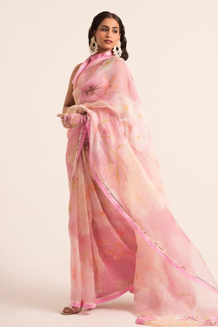 Ruhr India Pink Organza, Satin Pearls, Sequins Floral Print Embellished Saree With Blouse Online at Aza Fashions Ruhr India_Pink Organza, Satin Pearls, Sequins Floral Print Embellished Saree With Blouse _Online_at_Aza_Fashions