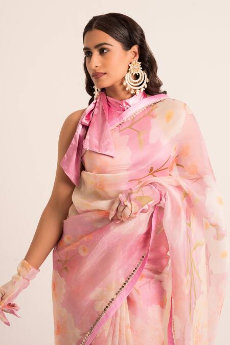 Buy Ruhr India Pink Organza, Satin Pearls, Sequins Floral Print Embellished Saree With Blouse Online at Aza Fashions Buy_Ruhr India_Pink Organza, Satin Pearls, Sequins Floral Print Embellished Saree With Blouse _Online_at_Aza_Fashions