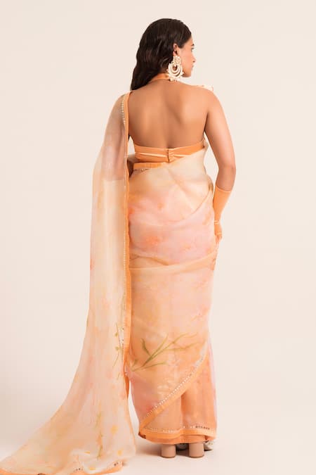 Shop Ruhr India Peach Organza, Satin Pearls, Floral Print Square Embellished Saree With Blouse at Aza Fashions Shop_Ruhr India_Peach Organza, Satin Pearls, Floral Print Square Embellished Saree With Blouse _at_Aza_Fashions