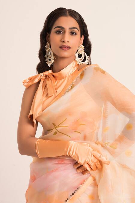 Buy Ruhr India Peach Organza, Satin Pearls, Floral Print Square Embellished Saree With Blouse Online at Aza Fashions Buy_Ruhr India_Peach Organza, Satin Pearls, Floral Print Square Embellished Saree With Blouse _Online_at_Aza_Fashions
