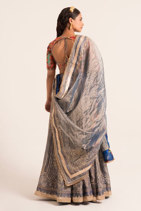 Shop Ruhr India Blue Tissue, Chanderi Embroidery, Embellished Pleat Detail Blouse Lehenga Set at Aza Fashions Shop_Ruhr India_Blue Tissue, Chanderi Embroidery, Embellished Pleat Detail Blouse Lehenga Set _at_Aza_Fashions