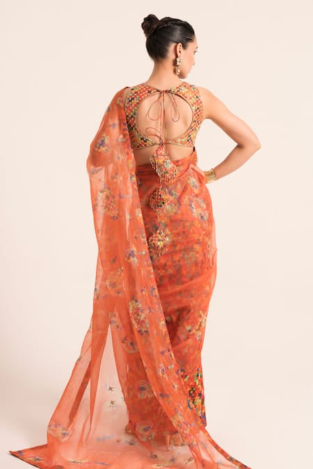 Shop Ruhr India Red Organza, Chanderi Geometric Pattern Embellished Saree With Blouse at Aza Fashions Shop_Ruhr India_Red Organza, Chanderi Geometric Pattern Embellished Saree With Blouse _at_Aza_Fashions