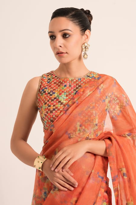 Ruhr India Red Organza, Chanderi Geometric Pattern Embellished Saree With Blouse Online at Aza Fashions Ruhr India_Red Organza, Chanderi Geometric Pattern Embellished Saree With Blouse _Online_at_Aza_Fashions