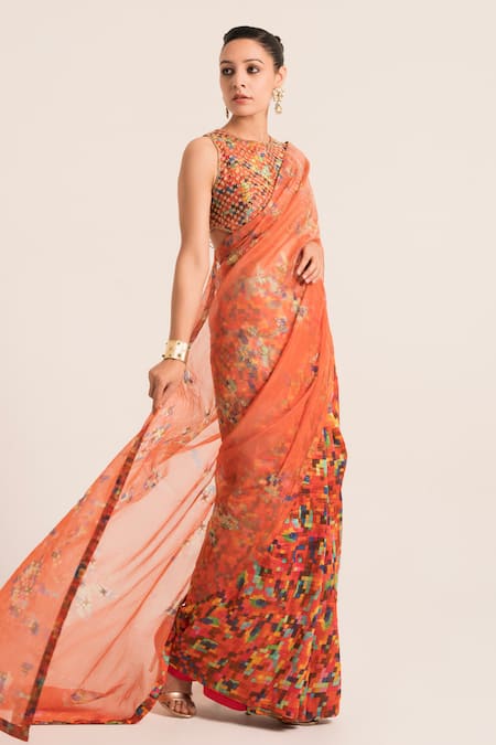 Buy Ruhr India Red Organza, Chanderi Geometric Pattern Embellished Saree With Blouse Online at Aza Fashions Buy_Ruhr India_Red Organza, Chanderi Geometric Pattern Embellished Saree With Blouse _Online_at_Aza_Fashions