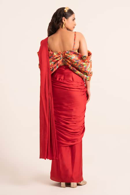 Shop Ruhr India Red Satin, Chanderi Embroidery Geometric Pattern Bow Blouse And Pre-drapped Saree at Aza Fashions Shop_Ruhr India_Red Satin, Chanderi Embroidery Geometric Pattern Bow Blouse And Pre-drapped Saree _at_Aza_Fashions