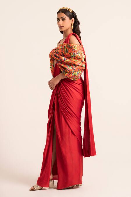 Ruhr India Red Satin, Chanderi Embroidery Geometric Pattern Bow Blouse And Pre-drapped Saree Online at Aza Fashions Ruhr India_Red Satin, Chanderi Embroidery Geometric Pattern Bow Blouse And Pre-drapped Saree _Online_at_Aza_Fashions