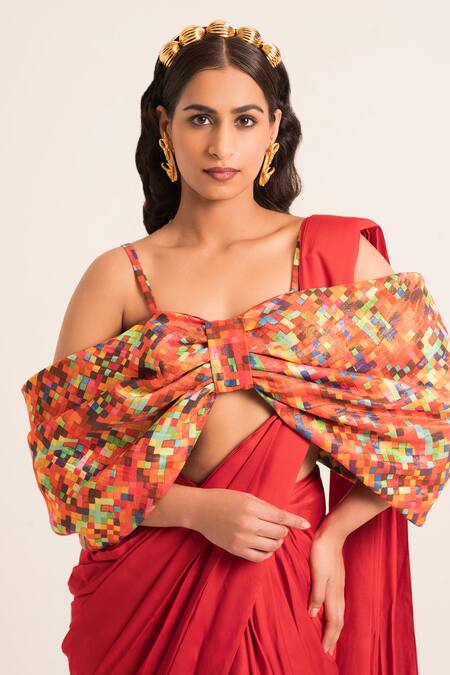 Buy Ruhr India Red Satin, Chanderi Embroidery Geometric Pattern Bow Blouse And Pre-drapped Saree Online at Aza Fashions Buy_Ruhr India_Red Satin, Chanderi Embroidery Geometric Pattern Bow Blouse And Pre-drapped Saree _Online_at_Aza_Fashions