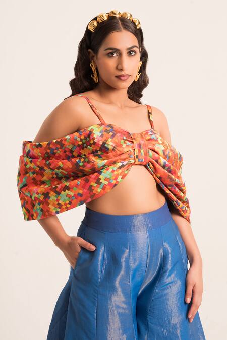 Ruhr India_Blue Satin, Chanderi Sweetheart Geometric Print Bow Top With Panelled Palazzo _Online_at_Aza_Fashions