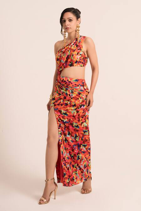 Ruhr India_Red Asymmetric Geometric Pattern Slit Midi Dress _Online_at_Aza_Fashions