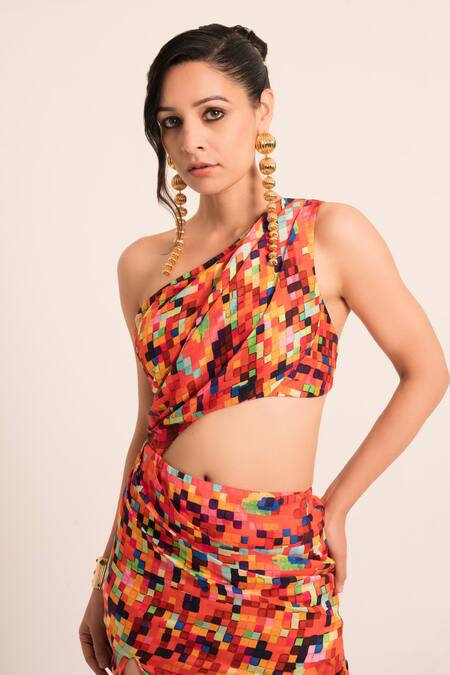 Buy_Ruhr India_Red Asymmetric Geometric Pattern Slit Midi Dress _Online_at_Aza_Fashions