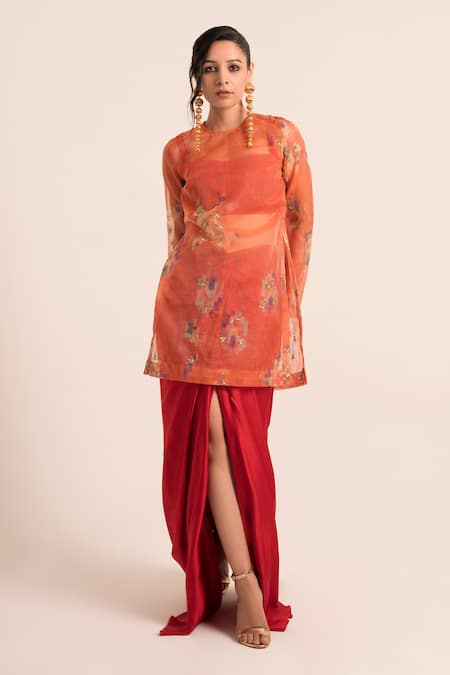 Ruhr India Embellished Sheer Straight Kurta & Draped Dhoti 