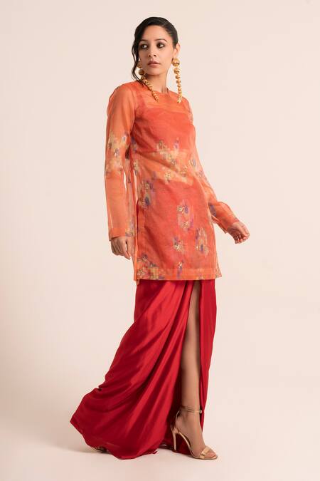 Ruhr India_Red Tissue, Satin Embroidery Embellished Sheer Straight Kurta And Draped Dhoti _Online_at_Aza_Fashions
