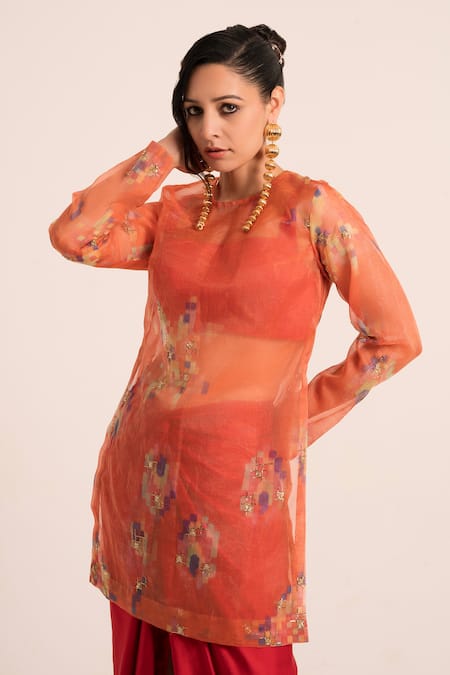Buy_Ruhr India_Red Tissue, Satin Embroidery Embellished Sheer Straight Kurta And Draped Dhoti _Online_at_Aza_Fashions