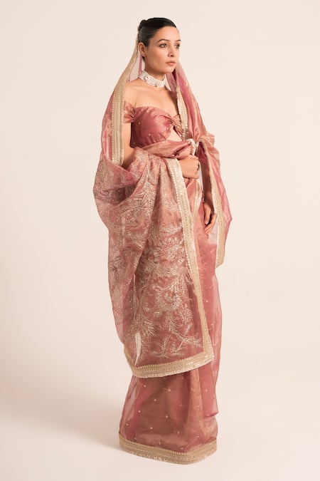 Buy_Ruhr India_Magenta Tissue Sequins Sweetheart Neck Embellished Saree With Blouse _Online_at_Aza_Fashions