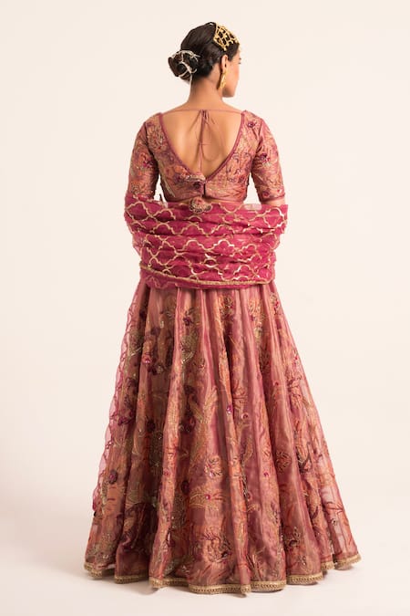 Shop Ruhr India Magenta Tissue Embroidery, Sequins Heavy Floral Embellished Lehenga Blouse Set at Aza Fashions Shop_Ruhr India_Magenta Tissue Embroidery, Sequins Heavy Floral Embellished Lehenga Blouse Set _at_Aza_Fashions
