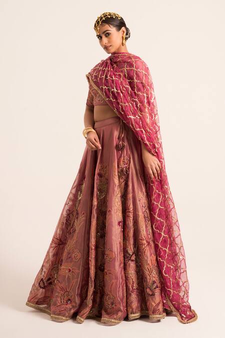 Ruhr India Magenta Tissue Embroidery, Sequins Heavy Floral Embellished Lehenga Blouse Set Online at Aza Fashions Ruhr India_Magenta Tissue Embroidery, Sequins Heavy Floral Embellished Lehenga Blouse Set _Online_at_Aza_Fashions