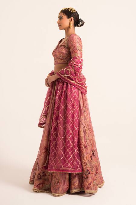 Buy Ruhr India Magenta Tissue Embroidery, Sequins Heavy Floral Embellished Lehenga Blouse Set Online at Aza Fashions Buy_Ruhr India_Magenta Tissue Embroidery, Sequins Heavy Floral Embellished Lehenga Blouse Set _Online_at_Aza_Fashions