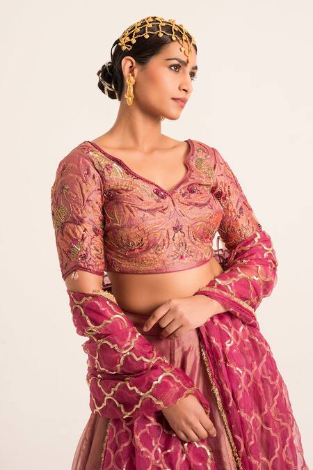 Shop Ruhr India Magenta Tissue Embroidery, Sequins Heavy Floral Embellished Lehenga Blouse Set Online at Aza Fashions Shop_Ruhr India_Magenta Tissue Embroidery, Sequins Heavy Floral Embellished Lehenga Blouse Set _Online_at_Aza_Fashions