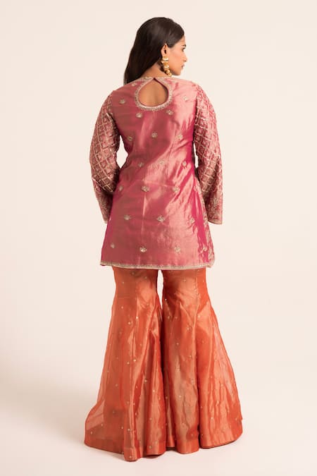 Shop Ruhr India Magenta Tissue Sequins Asymmetric Embroidered Kurta And Sharara Set at Aza Fashions Shop_Ruhr India_Magenta Tissue Sequins Asymmetric Embroidered Kurta And Sharara Set _at_Aza_Fashions