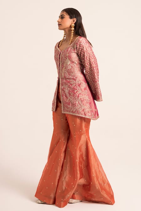 Ruhr India Magenta Tissue Sequins Asymmetric Embroidered Kurta And Sharara Set Online at Aza Fashions Ruhr India_Magenta Tissue Sequins Asymmetric Embroidered Kurta And Sharara Set _Online_at_Aza_Fashions