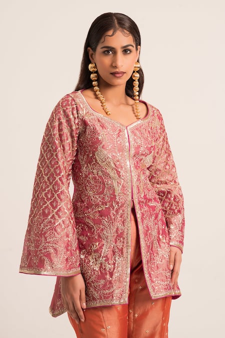 Buy Ruhr India Magenta Tissue Sequins Asymmetric Embroidered Kurta And Sharara Set Online at Aza Fashions Buy_Ruhr India_Magenta Tissue Sequins Asymmetric Embroidered Kurta And Sharara Set _Online_at_Aza_Fashions