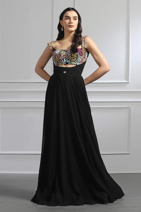 Buy_Baya_Black Georgette, Viscose Cut Work, Gardenia Encrusted Bodice Gown With Belt _Online_at_Aza_Fashions