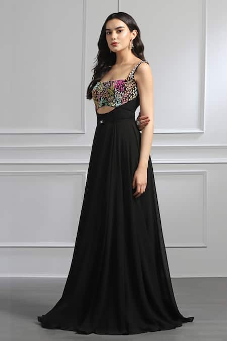 Shop_Baya_Black Georgette, Viscose Cut Work, Gardenia Encrusted Bodice Gown With Belt _Online_at_Aza_Fashions