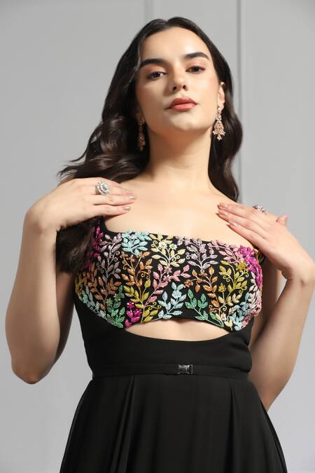 Baya_Black Georgette, Viscose Cut Work, Gardenia Encrusted Bodice Gown With Belt _at_Aza_Fashions