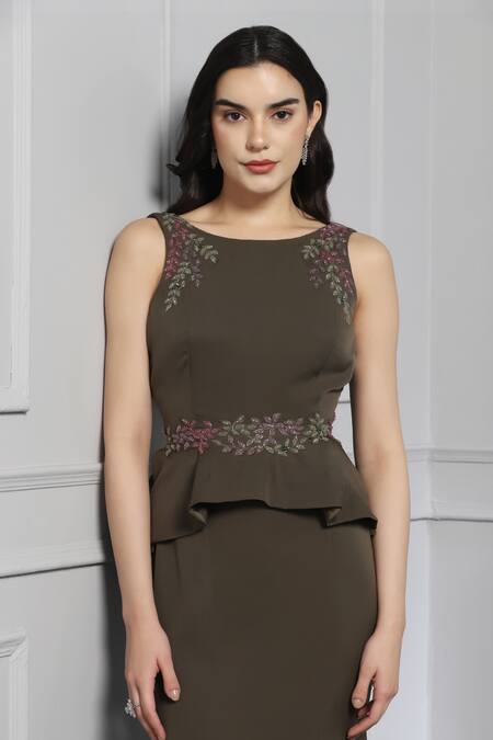 Buy Baya Green Crepe, Viscose Cut Work, Vine Embellished Peplum Blouse With Mermaid Skirt Buy_Baya_Green Crepe, Viscose Cut Work, Vine Embellished Peplum Blouse With Mermaid Skirt