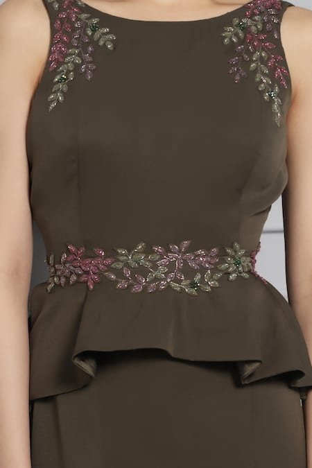 Shop Baya Green Crepe, Viscose Cut Work, Vine Embellished Peplum Blouse With Mermaid Skirt Shop_Baya_Green Crepe, Viscose Cut Work, Vine Embellished Peplum Blouse With Mermaid Skirt