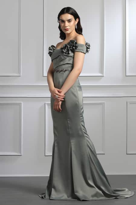 Buy_Baya_Grey Satin, Viscose Embroidery Off-shoulder Floral Corsage Embellished Off Gown _Online_at_Aza_Fashions