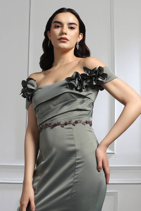 Shop_Baya_Grey Satin, Viscose Embroidery Off-shoulder Floral Corsage Embellished Off Gown _Online_at_Aza_Fashions