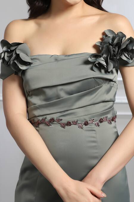 Baya_Grey Satin, Viscose Embroidery Off-shoulder Floral Corsage Embellished Off Gown _at_Aza_Fashions