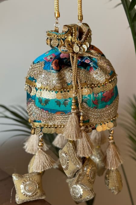 Bhavna Kumar Green Coin Lace Tassel And Embellished Potli Bag