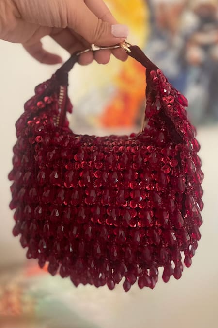 Bhavna Kumar Maroon Beads Embroidered Embellished Crescent Bag