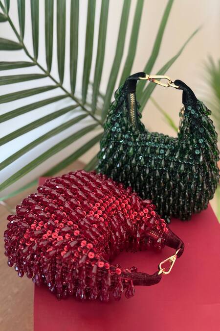 Bhavna Kumar_Maroon Beads Embroidered Embellished Crescent Bag _Online_at_Aza_Fashions